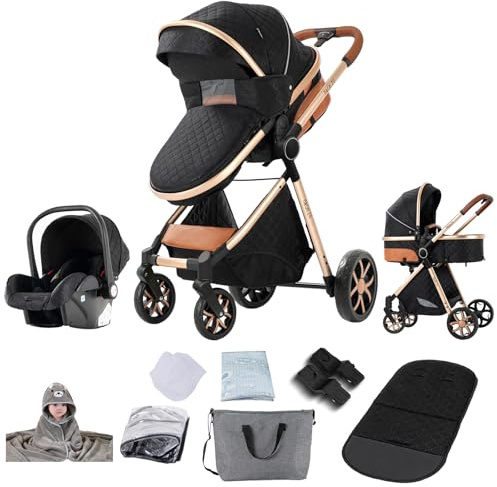 Reenborn Kinderwagen 3 in 1, Buggy mit Ein-Klick-Faltdesign, Kinderwagen mit Zwei Umkehrbaren Schiebemodi, Kombikinderwagen 3 in 1 Komplettset mit Rahmen Aluminiumlegierung (YV9 Black)
