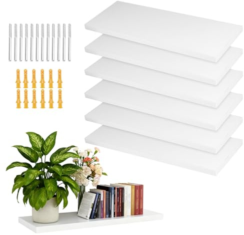 SYUTBOU 6 stycken 40 x 15 cm vit vägghylla, svävande hylla i trä med monteringsset, svävande hyllor, vägg för vardagsrum, sovrum, kök och hall