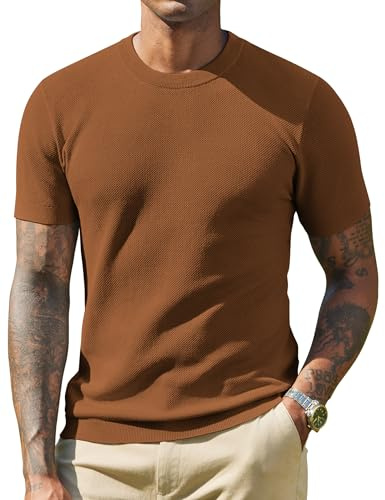 COOFANDY T-Shirt Uomo in Maglia a Maniche Corte Pullover Estivo Basic Girocollo Marrone M