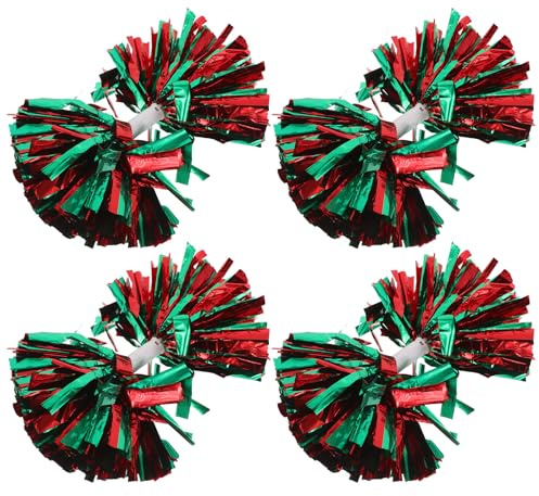 HOLIDYOYO Lot de 4 Pompons de Cheerleading Métalliques à Poignée Moyenne Couleurs Rouge et Vert Pompons Sportifs D’Encouragement pour Danse Compétitions Sportives et Événements D’Équipe