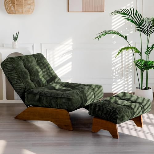 MAXYOYO Corduroy Folding Accent Chair with Footrest, Modern Upholstered Lounge Chair with Adjustable Backrest, Cozy Reading Chair for Living Room Bedroom Office