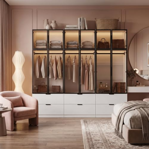 DEZAGCE High Gloss White Wardrobe with LED Lights, Grey Glass Doors and 2 Drawers, Tall 220 cm Bedroom Wardrobe, 90W x 40D cm Shallow Storage Cabinet