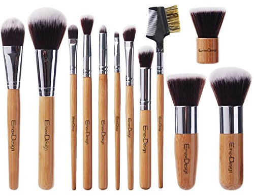 EmaxDesign Makeup Pinselset Professionell 12 Teilig Bambus-griff Premium synthetisch Kabuki Foundation Blending Blush Concealer Augen Gesicht Flüssig Pulver Creme Kosmetikpinsel Set inkl. Tasche