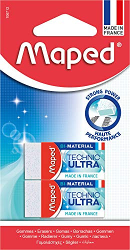 Maped - Lot de 2 Gommes Technic Ultra Classic - Gommes Blanches Pour Effacer les Dessin - Fabriquées en France