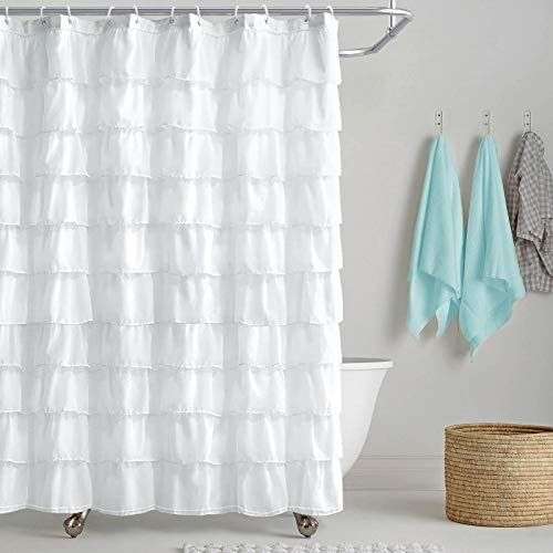 REISEN White Shower Curtain Farmhouse Ruffle Fabric for Bathroom Sheer Shower Curtain 72 in Long