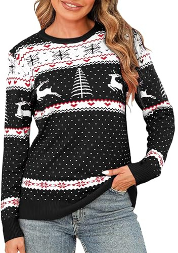 Totatuit Pull de Noël pour femme Pull Hiver Femme Chaud Famille Pull de Noël tricoté à manches longues et col rond Fêtes de Noël pull noel Doux et confortable Noir，M