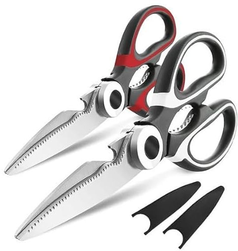 Ciseaux de cuisine en acier inoxydable Multiusage Lot 2 PCS Ciseau Cuisine en Acier Inoxydable Lame Tranchante Protège-lame Poignée Antidérapante pour Viande Volaille Poisson Poulet Pizza Os Noix