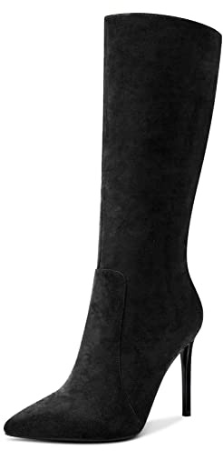 Aachcol Donna Metà polpaccio Stivali Spillo Alto High Tacco Heel Chiusa a Punta Cerniera Classico 10 CM Nero Scamosciato 37 EU