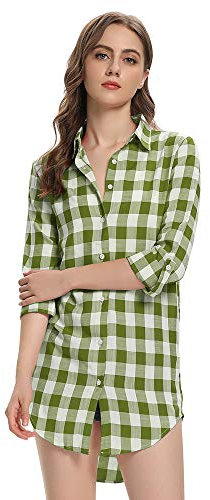 Femme Chemise Plaid Casual Chemisier à Carreaux Flanelle Tunique Manches Longues Blouse Top Vert M