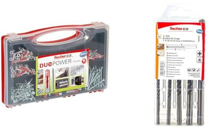 fischer RED-BOX DUOPOWER + Schrauben, Sortimentbox & Steinbohrer Set, 5-12 mm Durchmesser, Aufsätze für Bohrmaschinen, Bohrerset mit verschiedenen Größen, 5er Pack