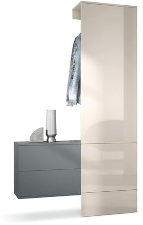 Vladon Carlton Hallway Set 2, Hallway Storage Set with 1 Coat Rack Panel, 1 Chest of Drawers, anthracite matt/sand grey high gloss (105 x 193 x 35 cm)