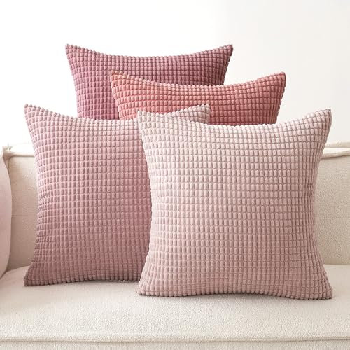 EMEMA Kordsamt Kissenbezug 4er Set Dekokissen Granulat Sofakissen Dekorative Kissenbezüge Couchkissen Kissenhülle Weich Kissen Bezug Zierkissen für Sofa Couch Wohnzimmer 50x50 cm Rosa Serie