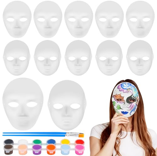 Fonyet Vit pappersmask 12 stycken masker att måla vuxna gör-det-själv vit mask för karneval, cosplay, maskboll, festdekoration