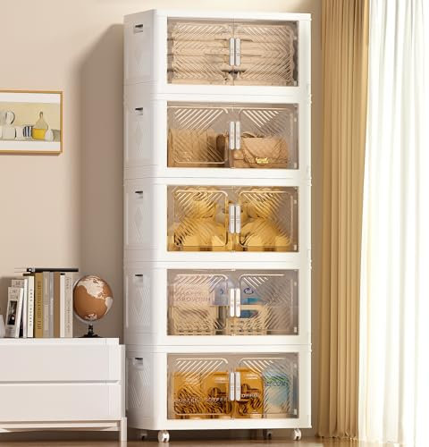 pioncrey 5 Pack aufbewahrungsbox mit Deckel groß, 70 Liter*5 stapelboxen, Faltbare Aufbewahrungsboxen mit Rädern für Haus und Büro Organisation und Lagerung