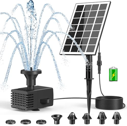 SZMP Fontaine Solaire, DIY 3.5W avec Batterie 2000mAh, 2025 Nouveau Solaire Flottant Extérieur Fontaine Pompe Bassin Solaire avec 8 Buses & 5M Câble pour Bain d'oiseaux, Étang, Jardin Fontaine