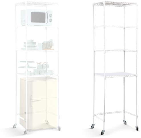 Huwena 4 Tier Mini Fridge Shelf Microwave Stand Over Height Adjustable Fridge Storage Rack with Lockable Wheels & Waterproof Mats Multilayer Metal Organizer for Dorm Apartment Kitchen Office(White)