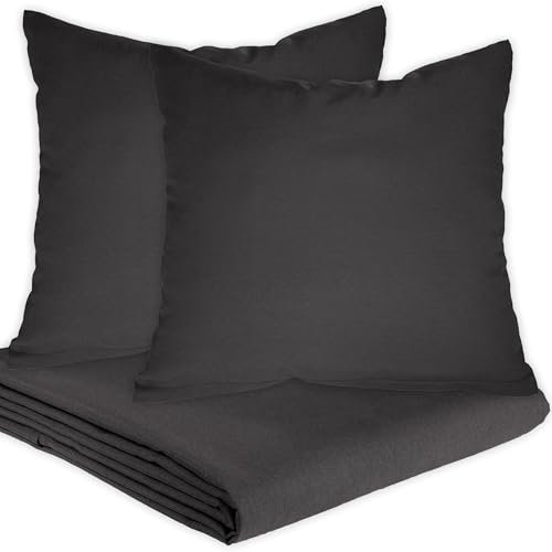 Bettlaken Set mit Kissenbezug Anthrazit (1x 200 x 220 cm Betttuch / 2X 80 x 80 cm Kisssenhülle) Glatte Bettücher ohne Gummizug Laken Haustuch Leintuch