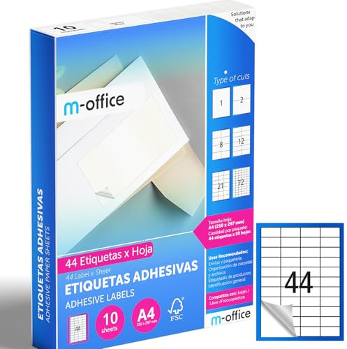M-office Klebeetiketten zum Beschriften – Selbstklebende Etiketten zum Bedrucken, spülmaschinenfest, ideal für Haushalt und Gewerbe (44 Etiketten pro Blatt, 10 Blatt)