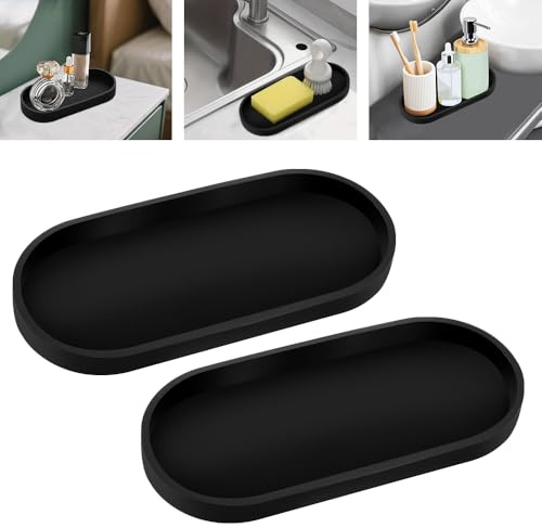 Zuxbolf 2 Stück Badezimmer Tablett Schwarz Dekotablett Silikon Ablageschale Oval Badezimmertablett Schminktablett Aekoschale Kosmetiktablett Kerzentablett für Waschbecken Badewanne (24.8 * 11 * 2cm)