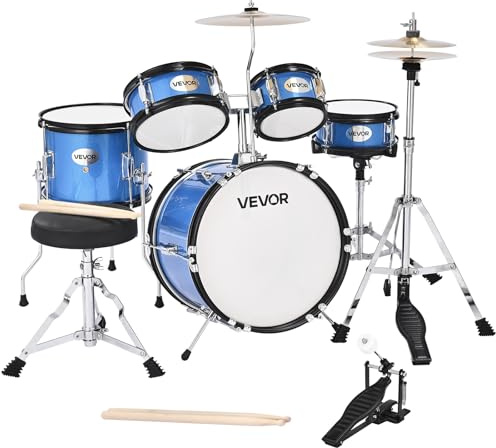 VEVOR Batterie Enfant, 5 PCS, Batterie Débutants, Grosse Caisse 35,56 cm avec Tom-tom, Caisse Claire 20,32 cm Tom Basse 25,4 cm, Siège, Baguettes, Kit Apprentissage Musical pour Enfants 6-13 ans, Bleu