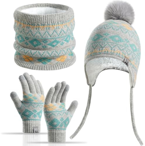 Yaopelky Conjunto de 3 Piezas de Invierno para Niños Gorro con Forro Polar Braga de Cuello Guantes para 3-8 Años con Pompón Cálido Fair-Isle Pantalla Táctil Nieve Escuela Uso Exterior, gris, One Size
