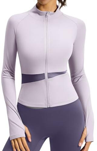 ATRACTIVOLL Veste de Sport Femme Manches Longues Haut de Fitness Slim Fit Respirante Veste de Yoga Fermeture Éclair Intégrale avec Trous pour les Pouces Fitness Entraîne Top Gym Jogging