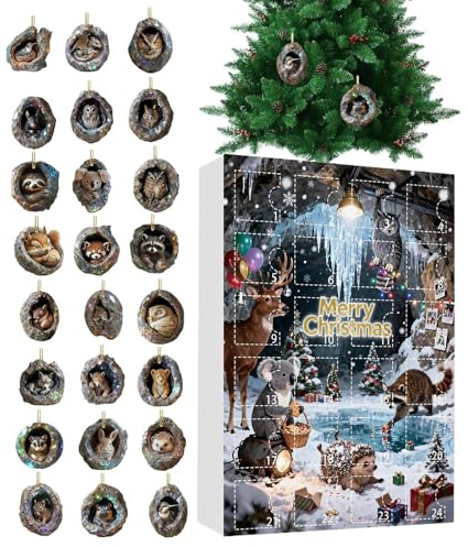 Ornement de l'Avent animalier | Calendrier magique de Noël 24 jours en acrylique 24 jours Décoration pour arbre et trou, pendentif de rétroviseur animal – Pour fenêtre, , filles, porte d'entrée