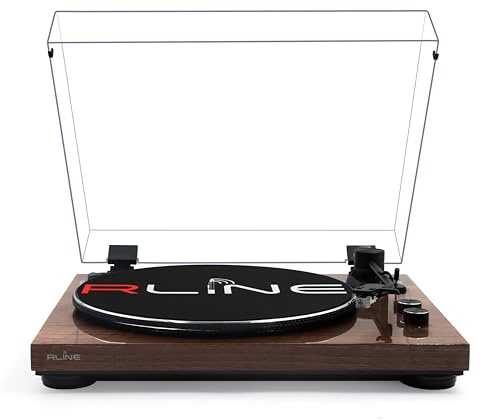 RLINE - Giradischi Vinili Bluetooth Noce Lucido, Lettore Vinili 33 e 45 Giri, Piatto 12 con Bordo Cromato, Piedini Antivibrazione, Cartuccia Magnetica AT3600, Pre-amplificatore Attivabile