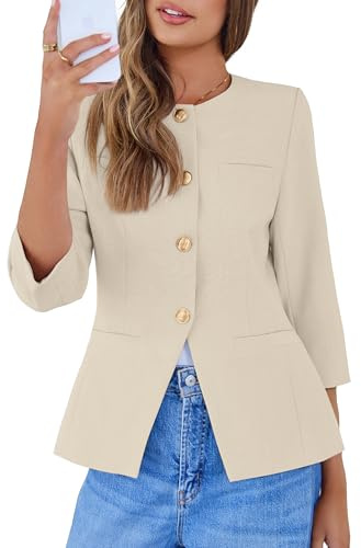 Simplee Womens Business Casual Blazers Spring Fashion Collarless Button Down 3/4 Sleeve Dressy Blazer Jacket Work Outfits Apricot M