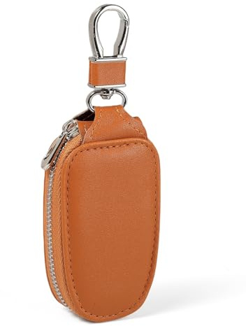 KAHZOR 1 pièce Pochette Porte-Clé Voiture, Universel en Cuir Véritable Marron Clair avec Fermeture Éclair & Mousqueton Métal pour Protection et Organisation