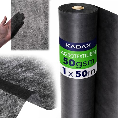 KADAX Telo pacciamatura Anti Erbacce 1 x 50 m - 50 g/m² Nero - per aiuole e orto - Permeabile all’Acqua per irrigazione Senza ristagni
