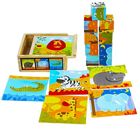 Holz Puzzle mit großen Würfeln für Kleinkinder - 9 Würfel mit 6 Wilden Tieren in Einer Holztruhe - Puzzlen nach Schablone - Holzpuzzle Holzspielzeug