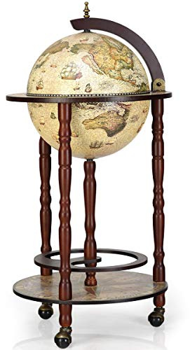 GOPLUS Armario para Vinos con Diseño de Globo Terráqueo | Mini Bar con 3 Ruedas para Botellas, Carrito de Vino Beige