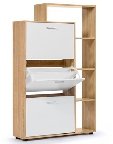 IDMarket KLARK - Zapatero, imitación de haya, 3 puertas blancas, con estante
