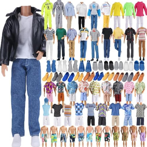E-TING 10-Item Fantastic Pack = 5 Sets Fashion Casual Wear Clothes Outfit for boy Doll with 5 Pairs Shoes (Leather Jacket + Casual Wear Clothes + Swimwear)