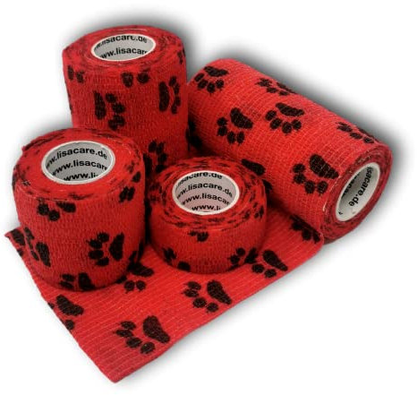LisaCare selbsthaftende Fixierbinde - Bandage Band - Haftbandage 10 cm - Wundschnellverband wasserfest - Verband Hund Pfote 4er-Set 2,5-10cm breit (Pfote rot)