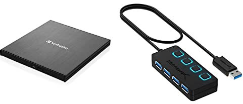 Verbatim Lettore CD/Dvd Esterno Slimline - USB 3.2 Gen1 con Porta USB-C con Cavo USB-C a USB-A e Design Compatto da Viaggio, in Metallo Spazzolato & Sabrent Hub USB 3.2 Gen 1, Ciabatta multipresa USB