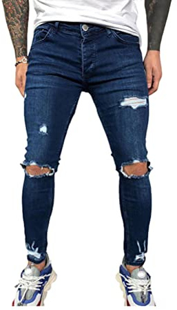 Osheoiso Vaqueros Rasgados de Hombre Skinny Denim Jeans Hip Hop Slim Fit Pantalone Casuales Elasticos Agujero Pantalón Hombre Vaqueros Ajustados Oversized D Azul Oscuro XL
