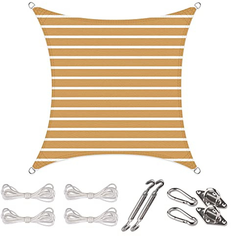 CelinaSun Sonnensegel Set Befestigung V2A Basic HDPE Quadrat 2 x 2 m Streifen sandbeige weiß Sonnenschutz atmungsaktiv