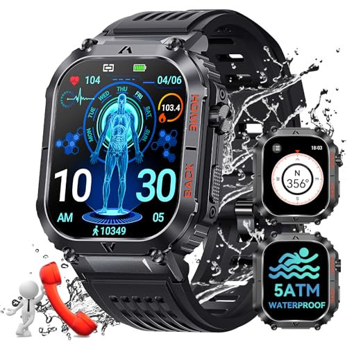 Militari Orologio Smartwatch Uomo Bluetooth Chiamate Risposta Vivavoce, 2.02'' HD 5ATM Impermeabile Smartwatch 110+ Modalità Sportive Contapassi Cardiofrequenzimetro SpO2 Cronometro per Android iOS
