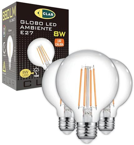 CLAR - Lampadina a globo LED E27 filamento vintage, grande lampadina, 8 W (confezione da 3)