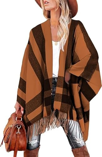 Breezy Lane Chal Envolvente a Cuadros para Mujer Suéter Poncho de Gran Tamaño Frente Abierto Capa de Punto con Borlas Manta Cárdigans para Otoño Invierno Vacaciones, Altoa única