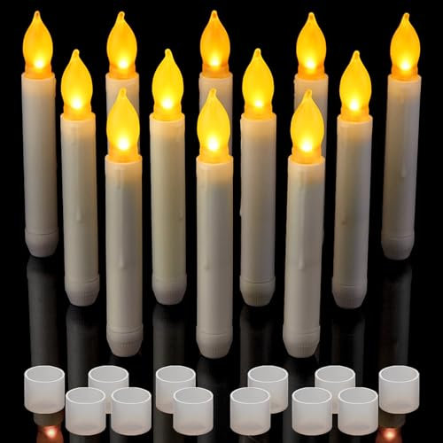 Yakpo 12 Pack Halloween Flameless Flickering LED Taper Candles Battery Operated, Flicker Electric Hanging Floating Fake Candle Bulk for Window Candelabra Chandelie Holder Christmas Table Decorations