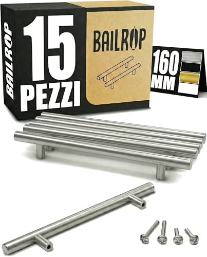 BAILROP Maniglie per Mobili da Cucina 160MM (15 pezzi) - Maniglie Cucina Inox - Ricambi e Maniglie per Mobili da Cucina Argentate