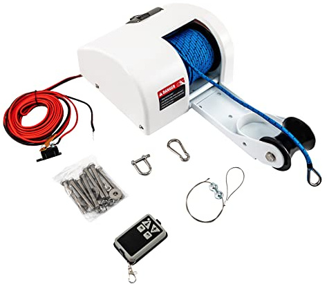 BounceyCart 45LBS Marine Electric Anchor Winch, 12V Windlass Anchor Winch with Remote Control Saltwater Boat Windlass Kit with 100-feet Pre-Wound Anchor Rope