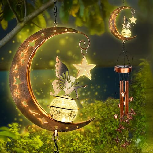 IEEILULU Mond Solarleuchten Garten Deko, Solar Windspiel Garten, Mond Solarlampen für Außen, Solar Windspiele für Draußen Hängend Gilt für Terrasse, Baum, Balkon