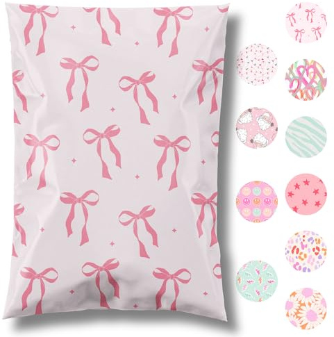 Pretty Package Store 14.5x19 Designer Poly Mailer 100 Pack Heavy Duty Waterproof Self Seal Shipping Bags for Small Business Large Mailing Envelopes Bulk Tear Resistant Packaging Pink Bows Coquette