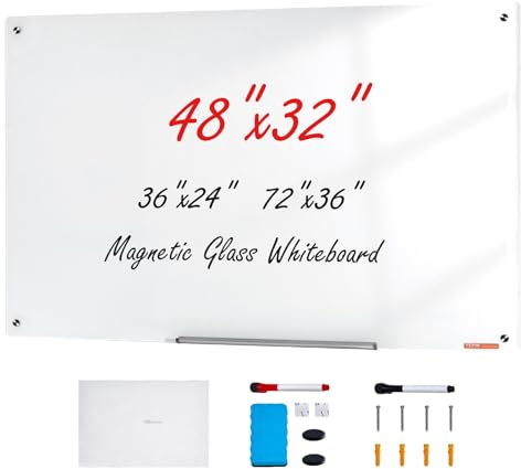 VEVOR Tableau Blanc Magnétique Effaçable à Sec en Verre 120 x 80 cm, Grand Tableau Mémo Mural sans Cadre, avec Plateau de Marqueurs, un Effaceur et 2 Marqueurs, pour Bureau École Restaurant Domicile