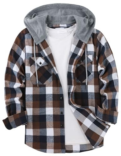 GEEK LIGHTING Men's Plaid Shirt Checked Shirts Mens Flannel Shirt Button Down Long Sleeve with Drawstring Casual Double Chest Pockets Classic Shirt Jacket M Coffee