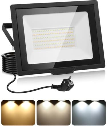 Litglobe 100W Focos LED Exterior con Enchufe 1.5m,3000K/4500K/6500K Proyector LED Exterior con Memoria,10000LM Superbrillante Foco Luz,IP66 Impermeable Proyector Para Patio Jardín Garaje Entrada